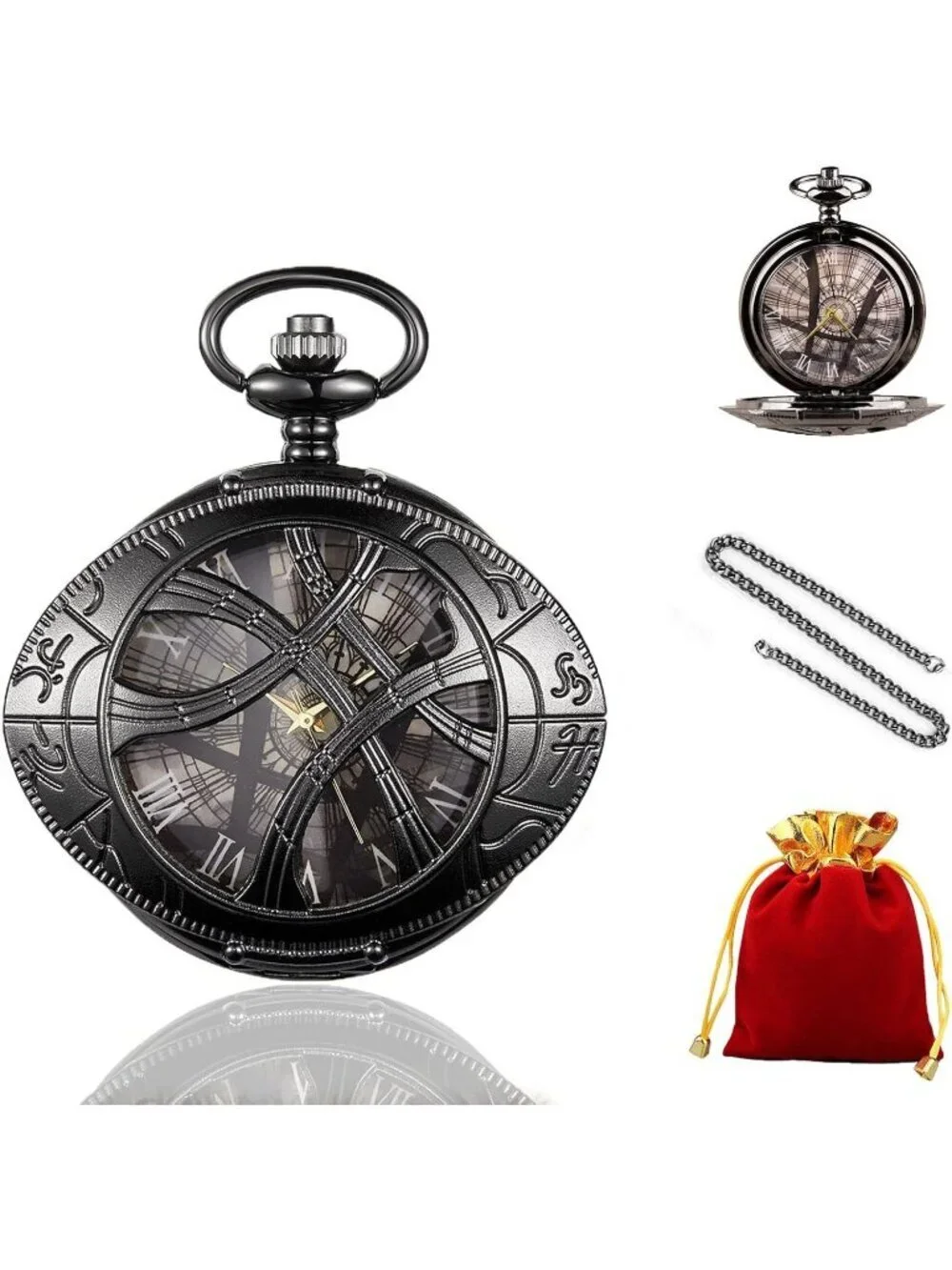 Mens Black Analog Quartz Skeleton Shape Pendant Necklace Round Case Pocket Watch